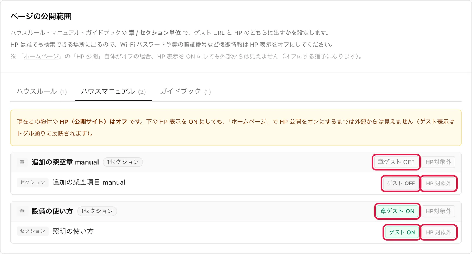 「ページの公開範囲」の「ハウスマニュアル」タブ。セクションの「ゲスト ON」「ゲスト OFF」と、章の行の「章ゲスト ON」、「HP 対象外」の表示を強調